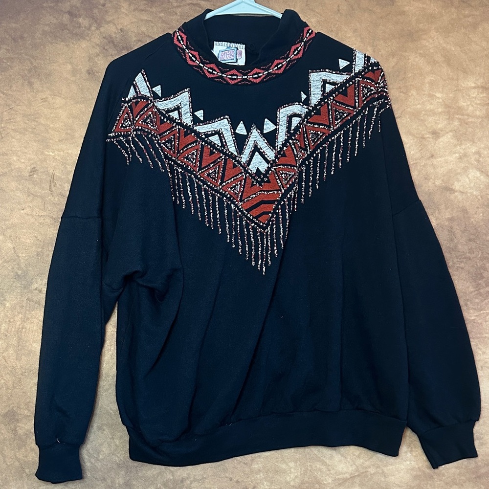 Vintage Mystic Blues Black and Red Patterned Tribal Design Crewneck Sweater